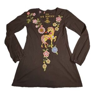 JWLA Johnny‎ Was Brown Embroidered Carousel Colorful Long Sleeve Shirt SMALL